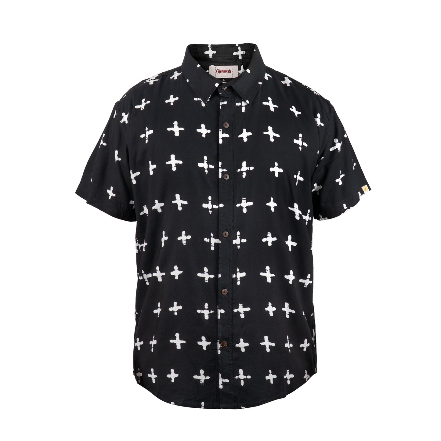 Black shirt with white cross pattern on a white background. Crux collection Hormesis Attire.